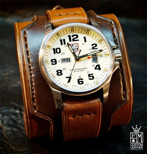 Leather cuff watch LUMINOX Vintage Brown style watch cuff Wide layered Refined quality Wristwatch Handmade for YOU in NYC by Freddie Matara!