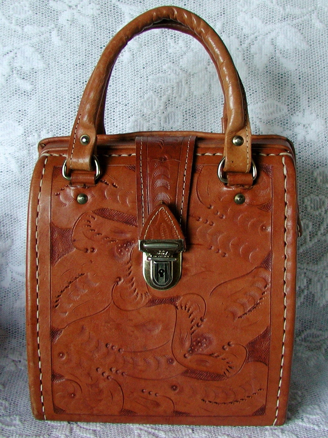 Vintage Hand Tooled Leather Butterscotch Color Handbag