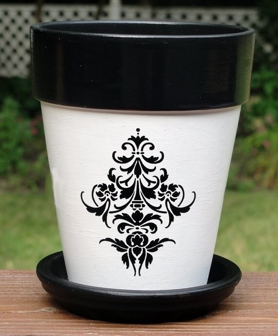 Fleur de Lis Flower Pot Black and White by EllensClayCreations