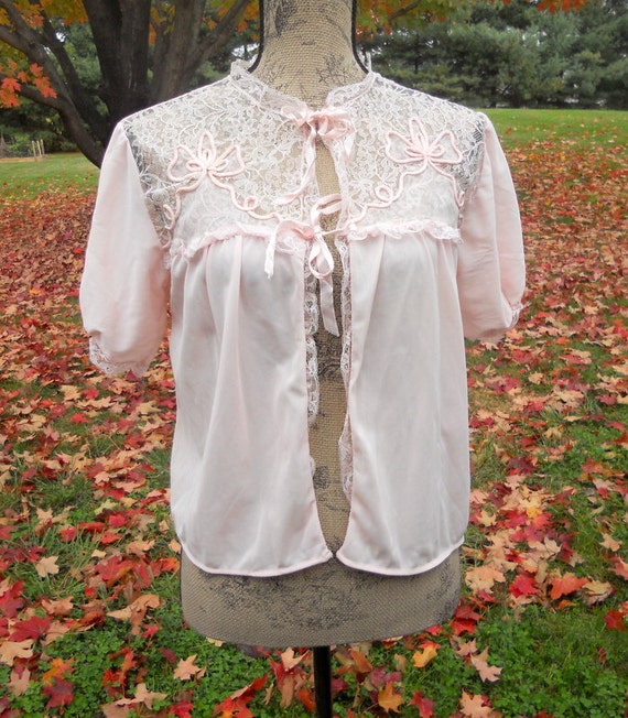 Vintage Bed Jacket Pink Nylon Lace Lingerie Women's Small