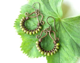 Lime green earrings - chartreuse beaded copper wire wrapped jewelry for spring
