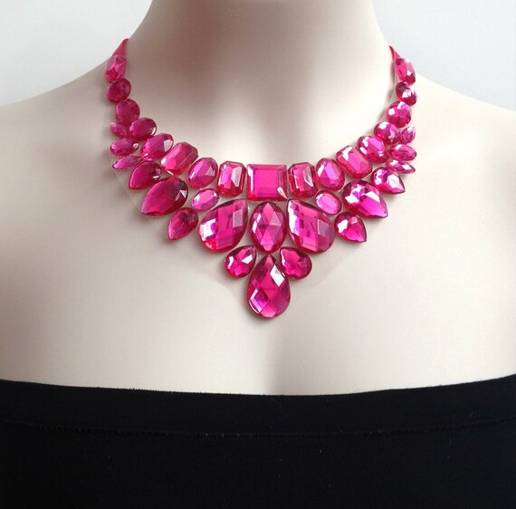 hot pink rhinestone bib necklace prom wedding bridesmaids