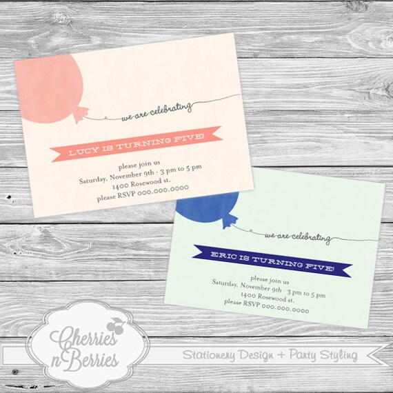 Balloon Pink & Blue. Printable Invitation Il_570xn