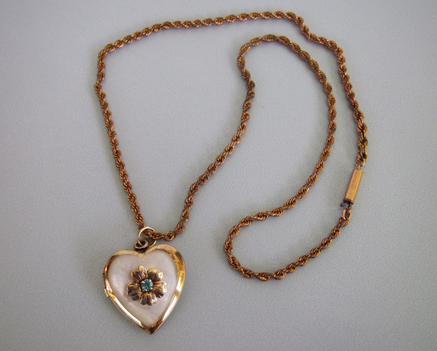 Vintage Heart Locket Necklace . Mother of Pearl Pendant