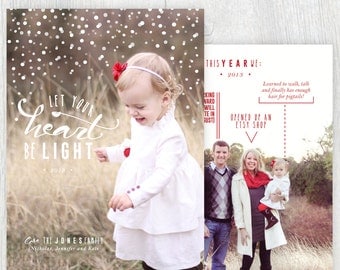 Printable Christmas card with photos - Let your heart be light - Family facts - Falling snow - Holiday card - Customizable