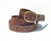 Floral Leather Belt // Embossed Leather // Vintage 1970s Marakesh Leather Belt // Cowhide Belt // Brown Leather Belt // Narrow Belt