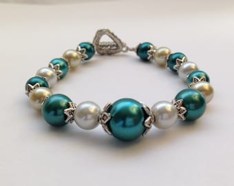 Teal / Antique White- Bridal Vintage Style Beaded Bracelet