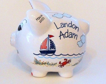 Personalized Piggy Bank with Navy Blue and Red Sailboats, Crabs, Fish, Beach and Ocean