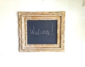 Chalkboard Frame Vintage Up Cycled Ornate Carved Wood Distressed Painted Gold and White 15"x17" Hand Painted Chalkboard