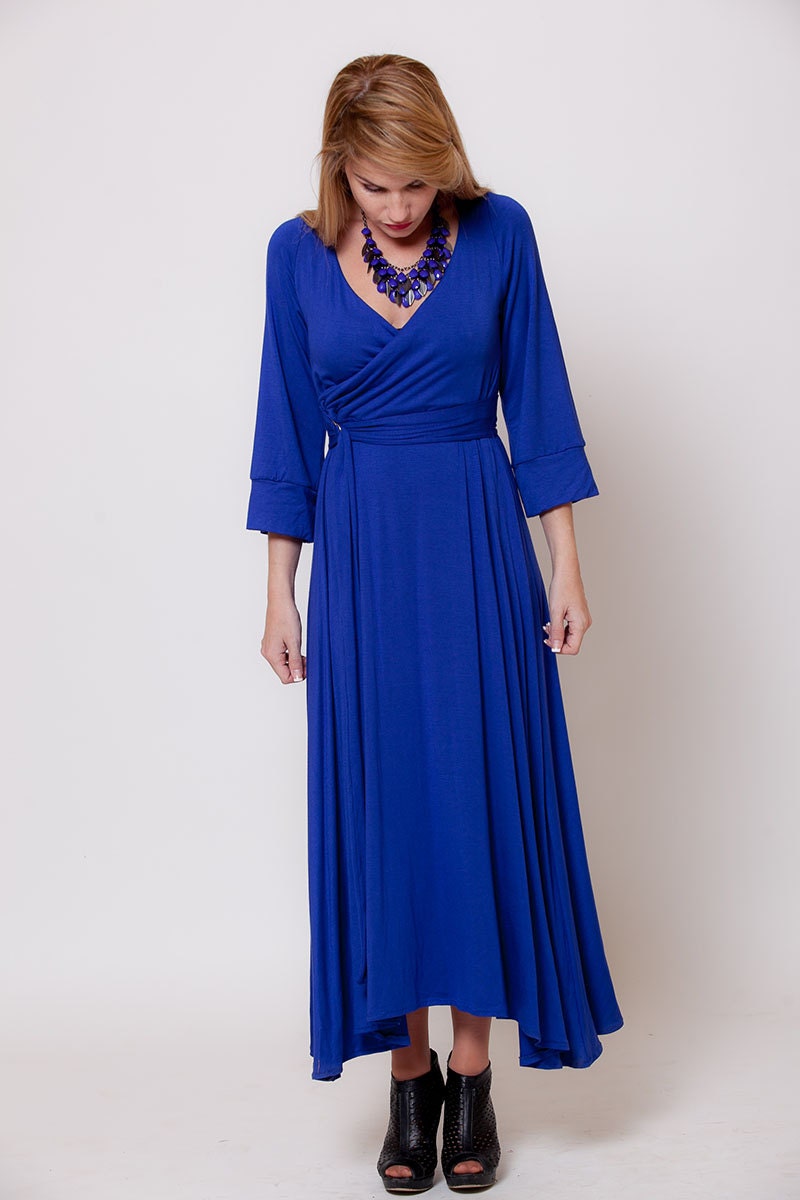 Blue long sleeve Maxi dress Wrap Top dress women maxi dress