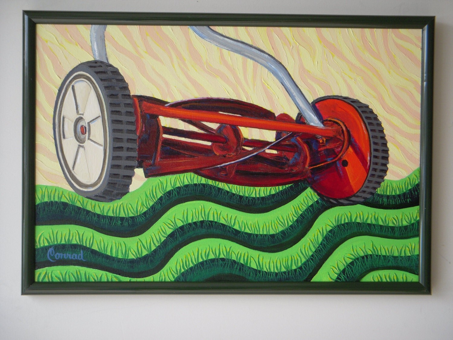 Lawn Mower oneofakind professionally framed oil painting