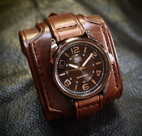Leather cuff watch wrist watch vintage Nathan Drake style wide layered Custom made for YOU in NYC by Freddie Matara