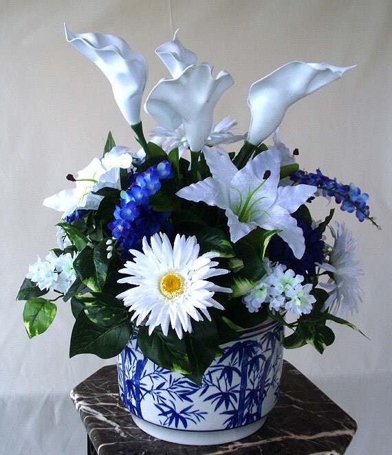 White centerpiece Blue centerpieces flower arrangements silk