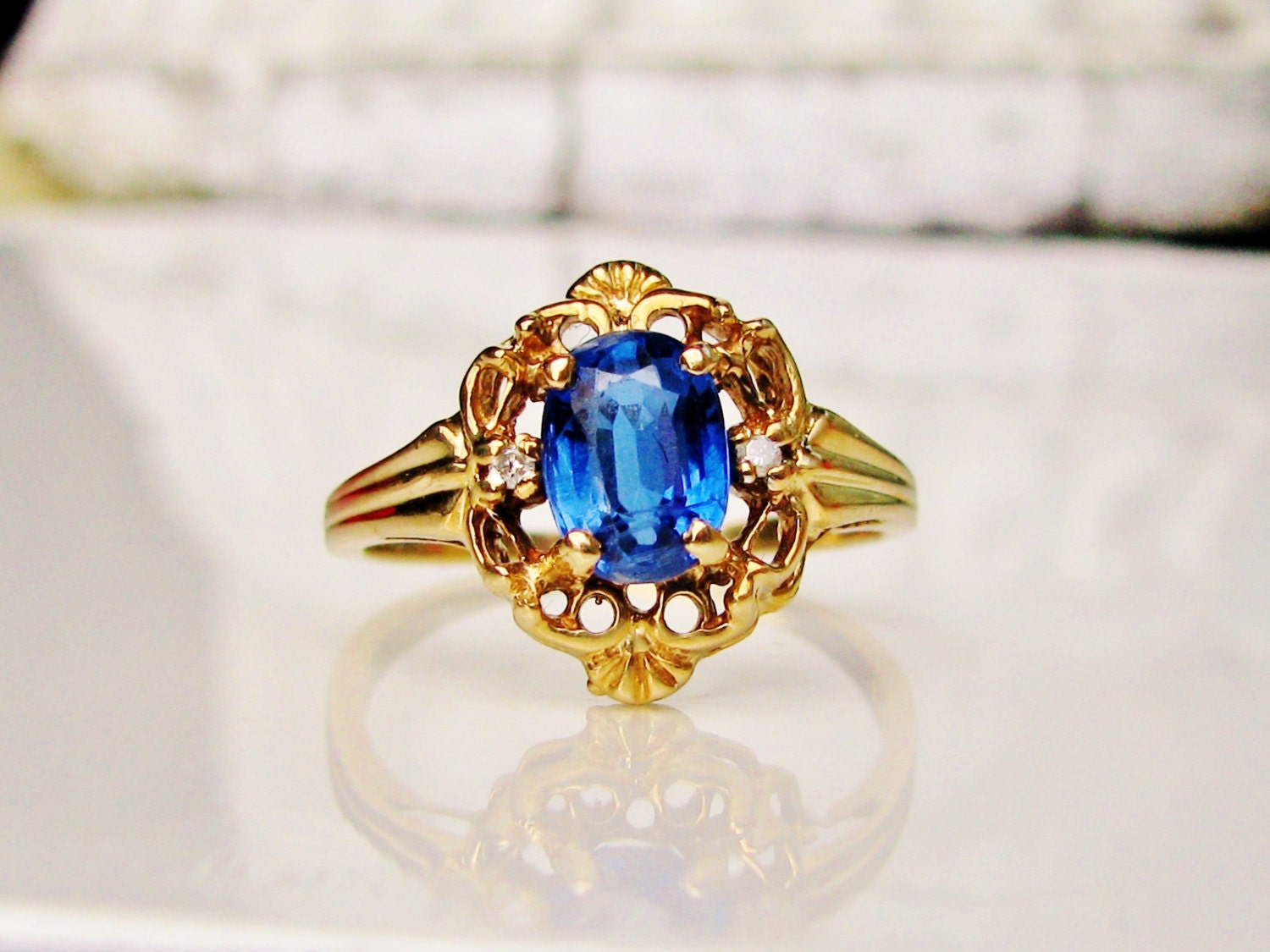 Sapphire Diamond Ring Vintage Engagement Ring 10K Yellow Gold