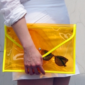 Neon Day-Glo Oversize Clear Envelope Clutch Purse Bag Handbag - Cosmic Jelly Orange Transparent - Women Ladies - Handmade