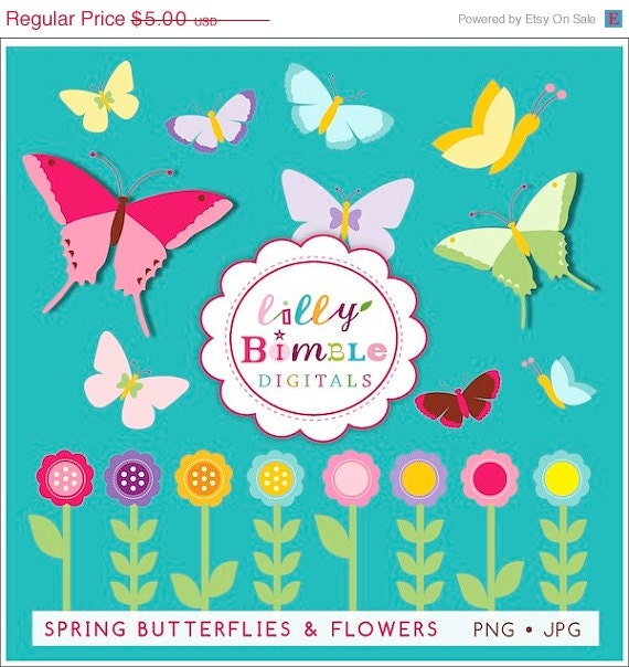 50% off Spring Butterflies and flowers clipart for cardmaking, crafts, Commercial use included INSTANT DOWNLOAD Il_570xn
