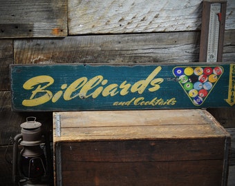 Rustic Cocktails and Hand Vintage Billiards Downstairs antique Sign     rustic Made signs