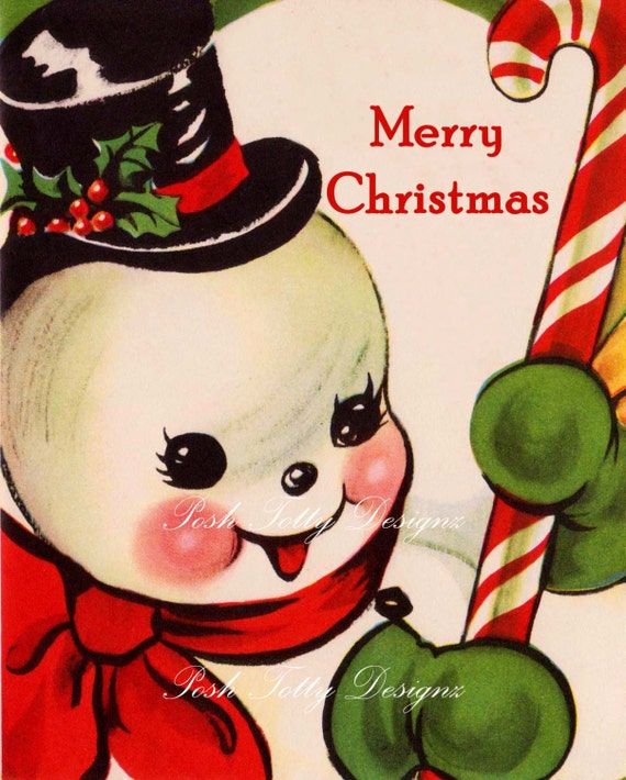 Vintage Snowman Merry Christmas Greetings Card Digital