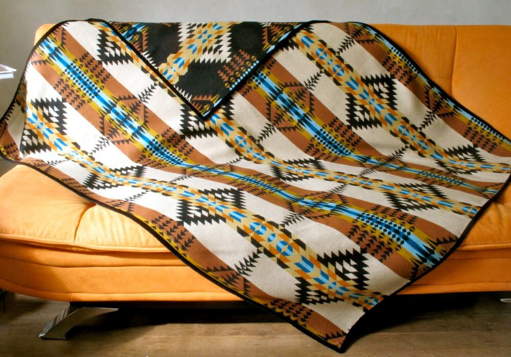 Wool Throw Blanket Large Size in Gold Black Turquoise Ranch