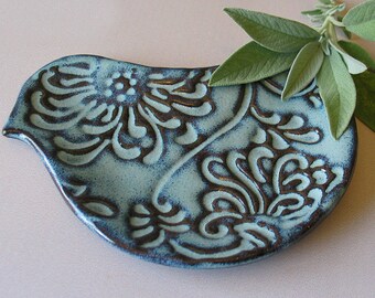Pottery Bird Plate - Bird Shaped Spoon Rest - Ceramic - Blue Bird - Soap Dish - Trinket Dish