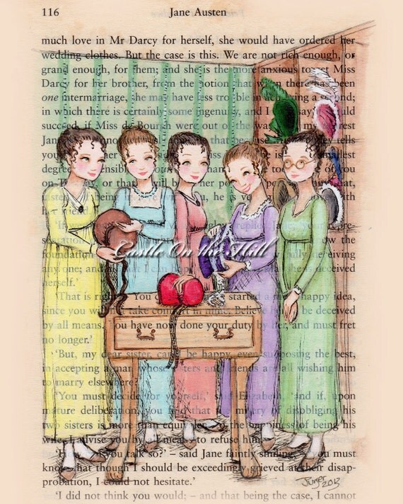 Jane Austen Pride and Prejudice - The Bennett Sisters Go Bonnet Shopping - 8 x 10