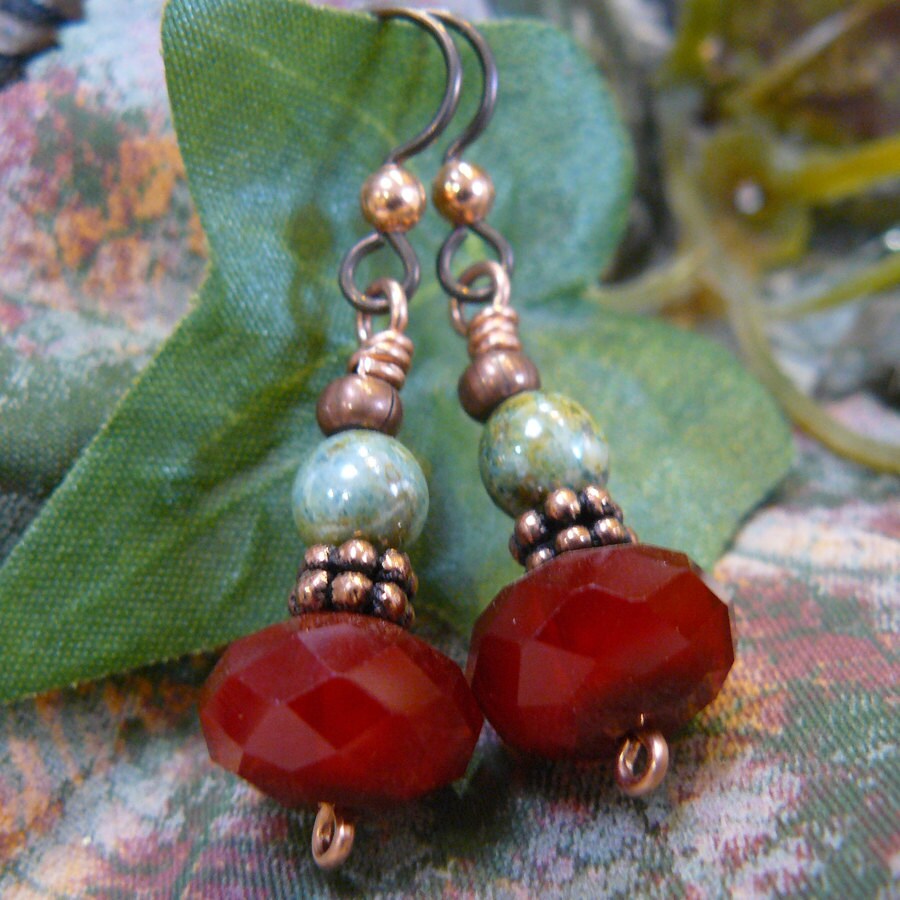 Maroon and Olive Green Czech Glass and Copper Wire Dangle
