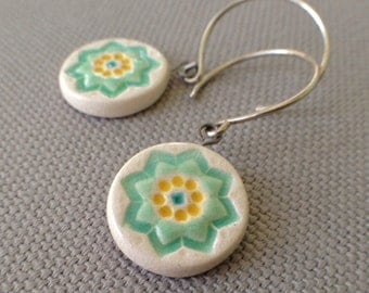 starflower earrings, aqua and yellow ... handmade porcelain jewelry by Sofia Masri