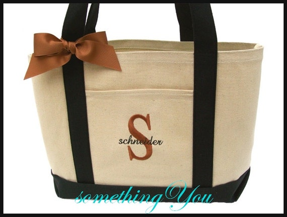 Personalized Black Natural Canvas Large Boat Tote with Ribbon