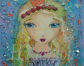 Original Art- Mixed Media Painting- Folk Art Girl- Girls Inspirational Wall Art- 9x12