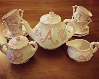 Rosebuds and Bows Little Girls Tea Party China Tea Set, Handpainted, Custom, Personalized