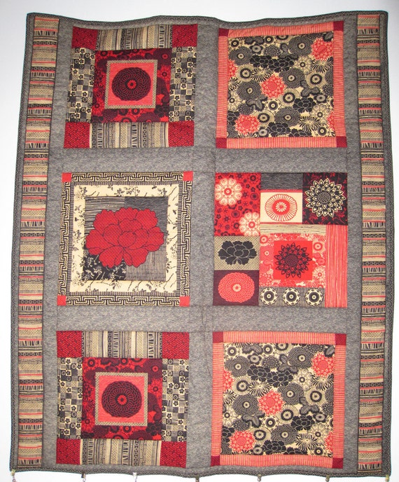 Quilted Lap or Sofa Blanket Patchwork Look Japanese Asian