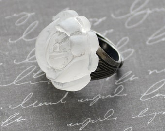 White Rose Ring, Art Deco Ring, Silver Ring, Clear Frosted Rose Ring, Rose Jewelry, Adjustable Silver Ring, JewelryFineAndDandy, SRAJD