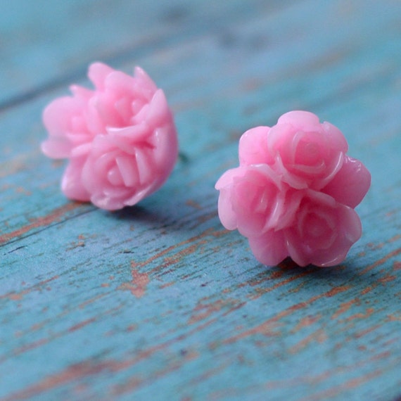 Pink Rose Stud Earrings Pink Earrings by JewelryFineAndDandy