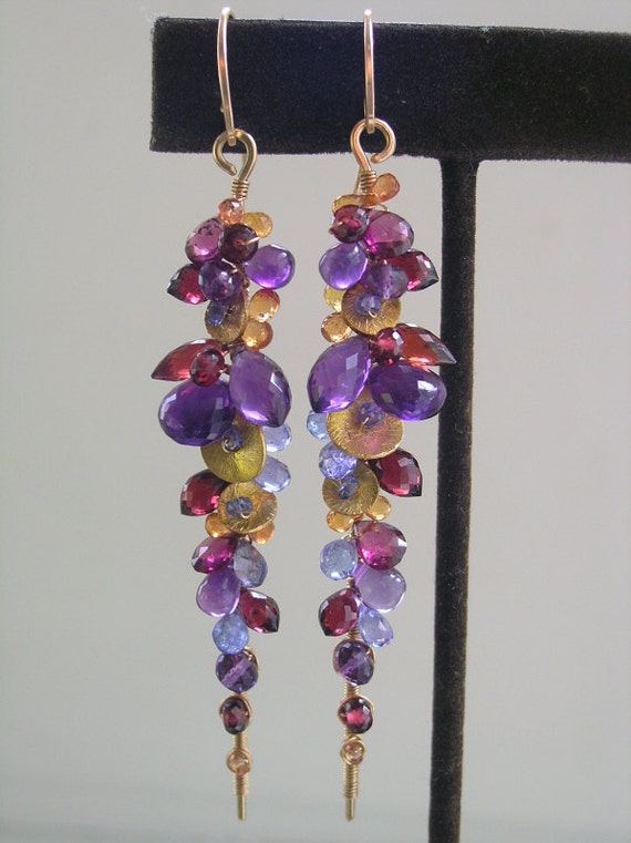 Linear Amethyst Earrings Gold Filled Vines Wire by bellajewelsII