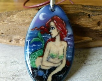 Amazing Mermaid at the moon - fused glass pendant - mermaid nekclace
