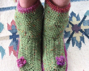 Womens Crochet Slipper Boot Pattern With Flower Trim 3 Sizes Instant Download