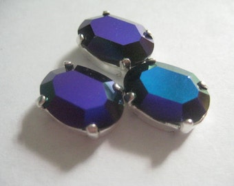 Lot of 3 14x10mm Jet Glacier Blue Oval Shaped Swarovski Rhinestones in Sew on Settings