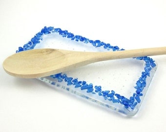 Fused Glass Spoon Rest - Clear Glass with Chunky Blue Glass