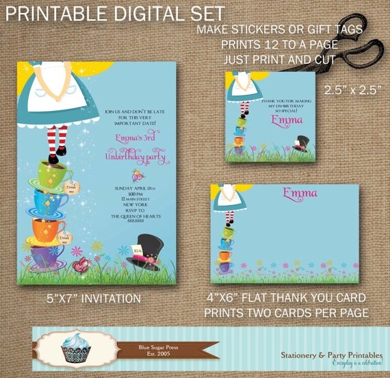 Alice in Wonderland Invitation Set, Alice in Wonderland Stickers, Alice in Wonderland Note cards Il_570xn