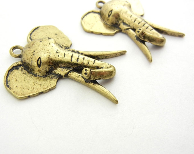 Pair of Antique Gold-tone Elephant Head with Long Tusks Charms