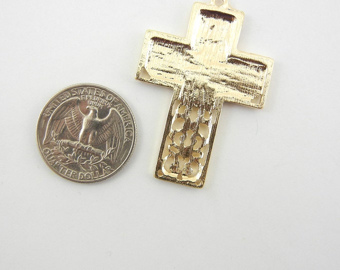 Gold-tone Filigree Cross Pendant Rhinestones Black Epoxy Arch