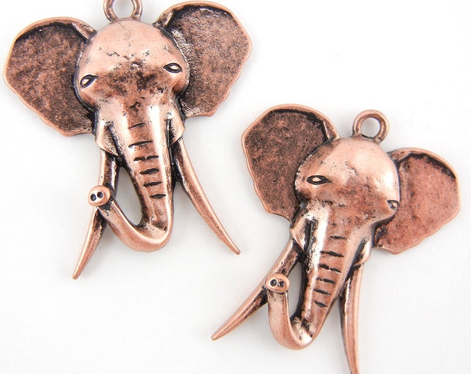 Pair of Antique Copper-tone Elephant Head with Long Tusks Charms