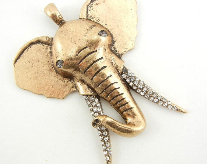 Antique Rose Gold-tone Rhinestone Tusks Elephant Head Pendant