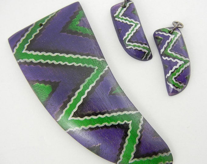 Set of Purple Wooden Horn or Claw Shaped Pendant and Charms Tribal Print