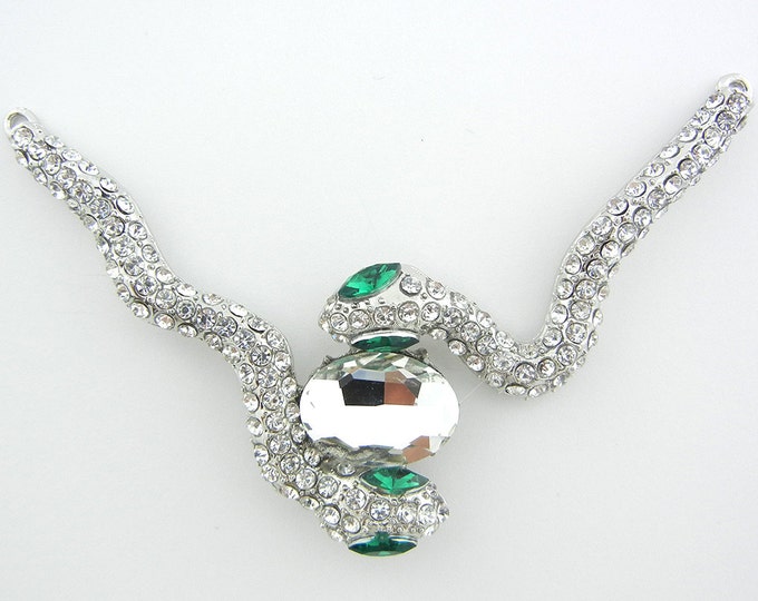 Set of Double Link Silver-tone Two Rhinestone Snakes Pendant Green Eyes