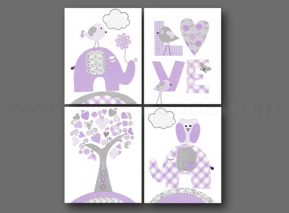 Baby girl nursery decor Purple and gray Nursery Art kids art nursery art love Birds nursery elephant nursery tree Set of 4 prints by GalerieAnais