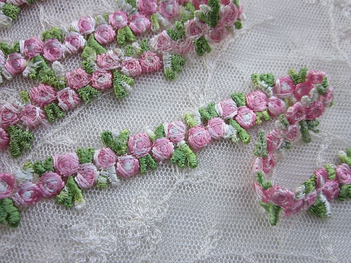 Embroidered Rose Bud PINK Flower Ribbon Trim Scrapbook Reborn
