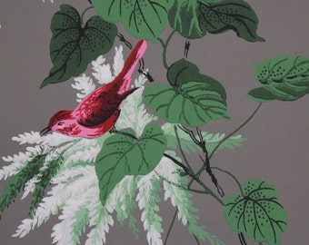 1940s Vintage Wallpaper Red Birds Green Leaves and White Flowers on Gray by the Yard