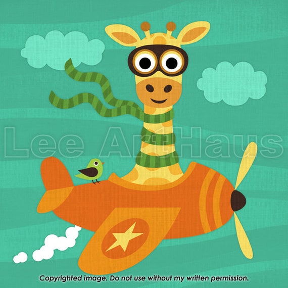 229B Bright Giraffe Flying Airplane in 6x6 Print by leearthaus