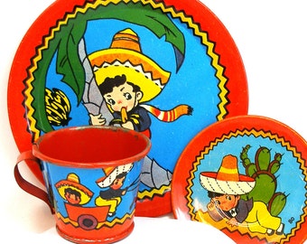 40's tin toy tea set with The Little Mexican Boy litho by Ohio Art Co.